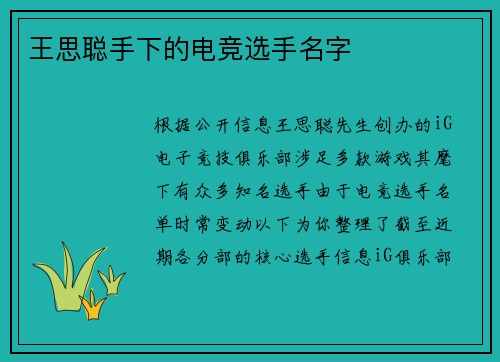 王思聪手下的电竞选手名字